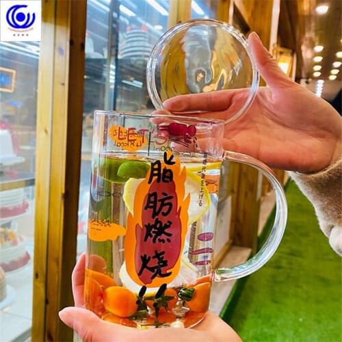 Glass large capacity 1000ml oversized office student water cup milk scale drink water cartoon cup heat resistant