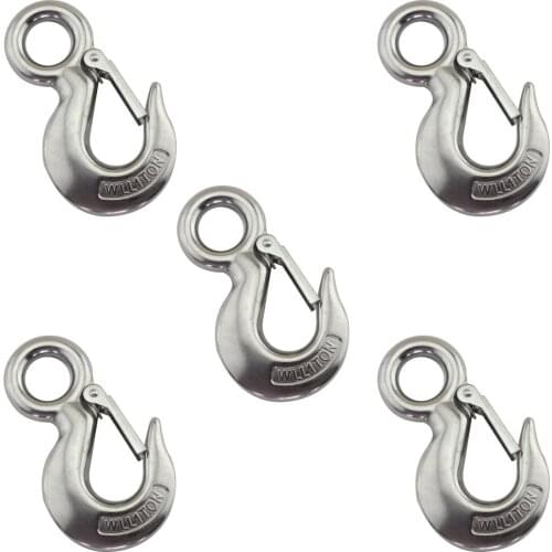 Heavy Duty Stainless Eye Hoist Crane Hook Lifting Safe Load Limit 1T Marine 320A Grade Snap Latched Hoist Cargo Hook 5pcs