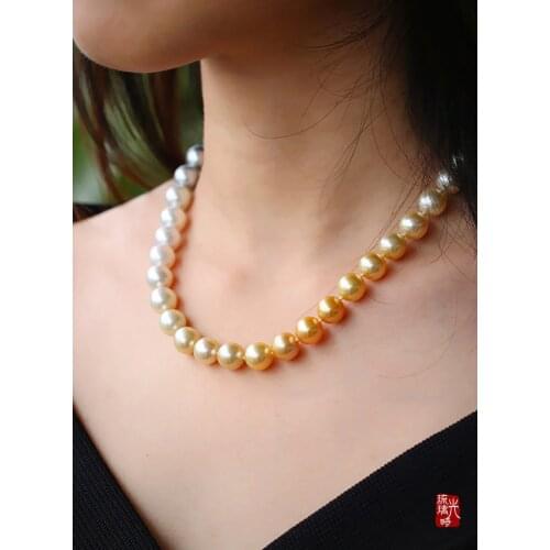 Gorgeous AAA 11-12mm round south sea multicolor pearl necklace 18inch 14k