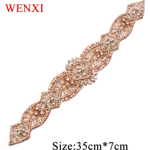 WENXI 1PCS Hand Wedding Dress Rhinestones Appliques Iron On Wedding Dress Sash Rhinestones Appliques Accessory WX827
