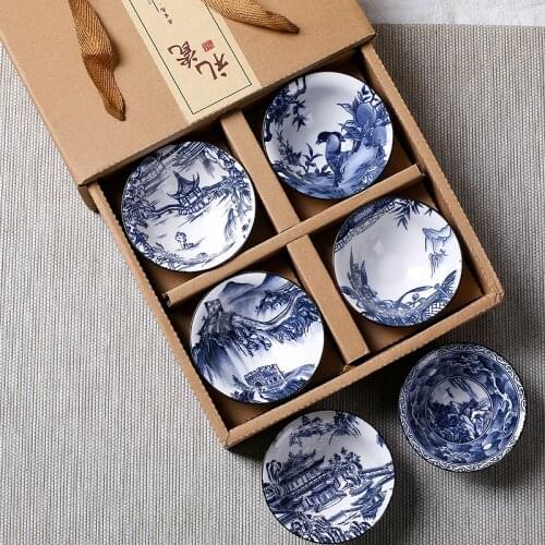 NEWYEARNEW 6piece/lot Vintage Wine Tea cups Set 80ml Blue and White Retro Teaware Drinkware Chinese Teaware Gift
