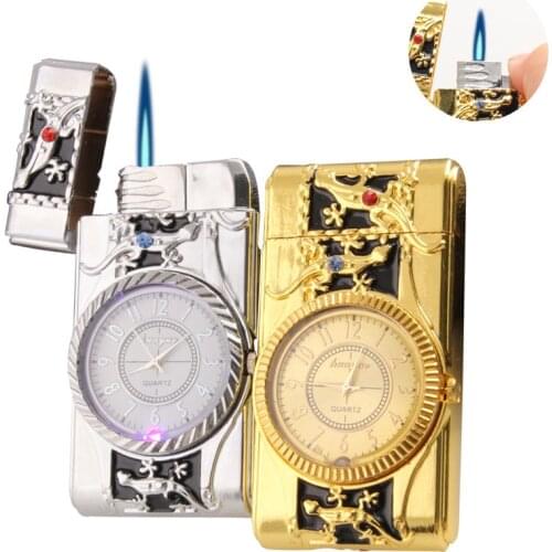 Factory New Selling Colorful Straight Flashing Metal Butane Gas Windproof Watch Portable Lighter Gadgets For Men