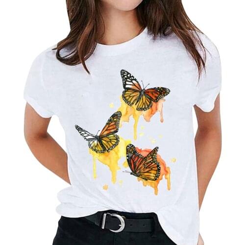 2021 New Woman Butterfly Print Harajuku Summer White Tshirts Casual Round Neck Short Slee Top Tee Shirt Drop Ship Пальто