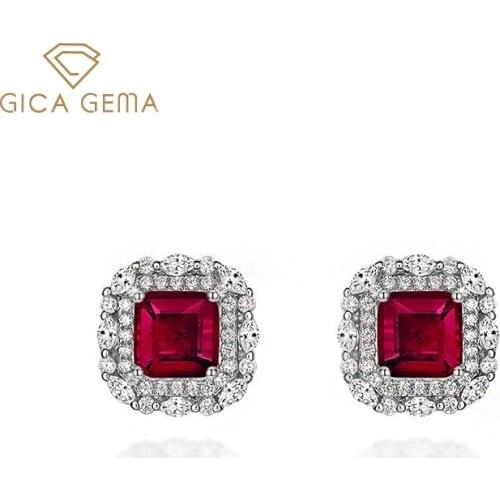 GICA GEMA High Quality 925 Stelring Silver Stud Earrings 6*6mm Ruby Gemstone Earrings For Women Wedding Fine Jewelry Gifts
