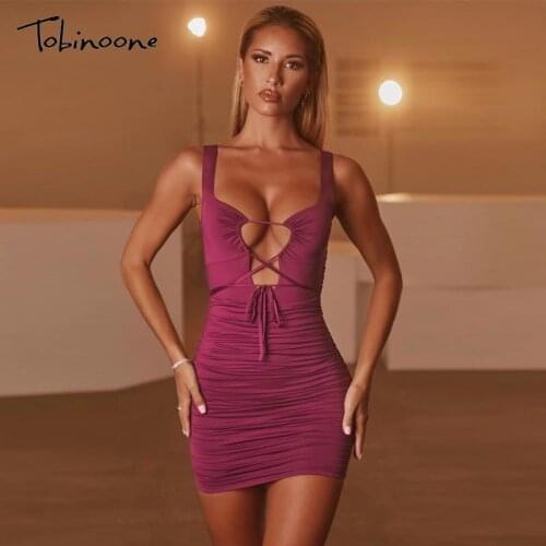 Tobinoone Ruched Drawstring Solid Bodycon Dress Women Spaghetti Strap Bacjkess Sexy Mini Dresses Summer Slim Party Vestidos