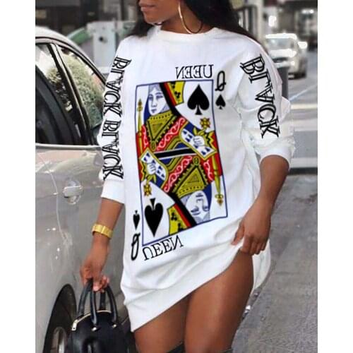 2021 New Pleated Turn-Down Collar Button Dress Women Sexy Long Sleeve Poker Letter Print Long Sleeve Casual Dress