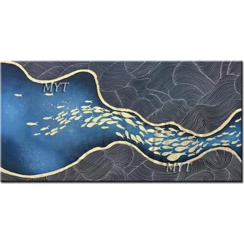 Abstract 100% Hand-painted Oil Painting Gold Foil Fish Design Texture Gold Line Canvas Wall Art Decoration For Home Living Room
