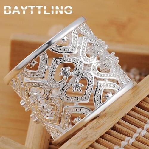 BAYTTLING 925 Sterling Silver Ring AAA Zircon Hollow Heart-shaped Open Ring For Woman Man Fashion Party Jewelry Couple Gift