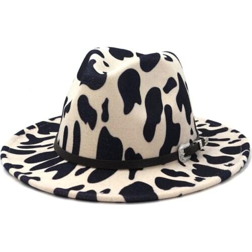 Men Women Bob Wide Brim Wool Felt Leopard Print Fedora Hats With Belt Buckle Vintage Flat Two Tone Panama Trilby Cap Hat 2021