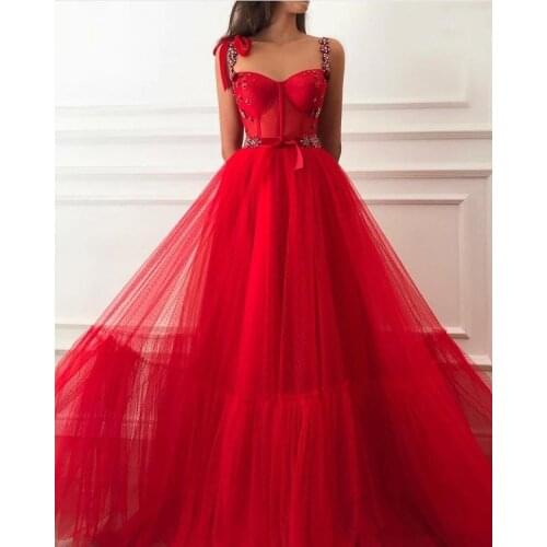 Red Prom Dresses A-line Spaghetti Straps Tulle Beaded Dubai Saudi Arabic Long Robe De Soiree Prom Gown Evening Dresses