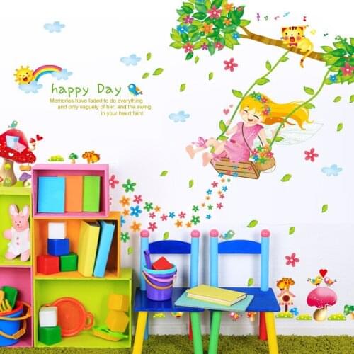 Cute cartoon swing girl wall sticker PVC Material DIY wall decals For Living room Childrens room bedroom home decor sticker