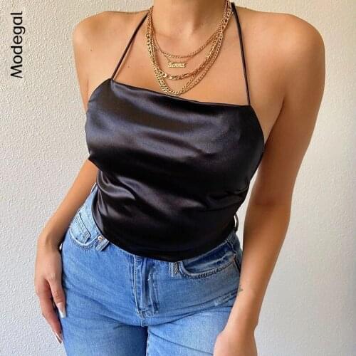 Modegal Womens Satin Halter Cross Back Lace Up Backless Spaghetti Straps Cami Crop Top Cami