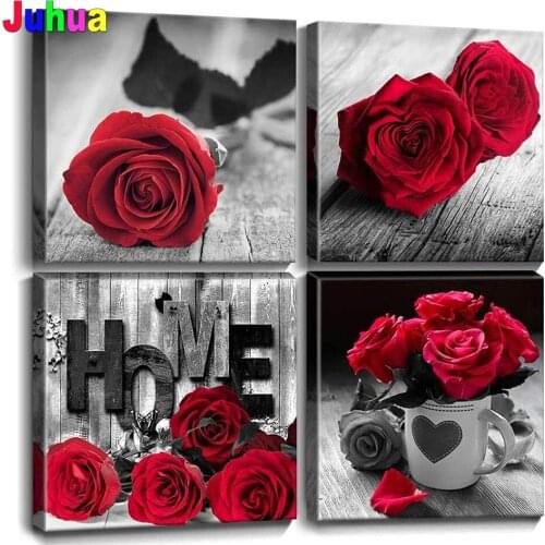 4 Pcs Red Rose Flower Multi-picture Diy Diamond Painting Cross Stitch Kits Diamond Embroidery Home Gift Mosaic Pattern Picture