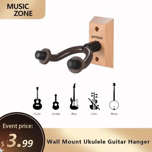 Wall Mount Ukulele Guitar Hanger Hook Ukelele Uke Stringed instrument Holder Keeper Auto Grip System Rubber Cushion Wood Base