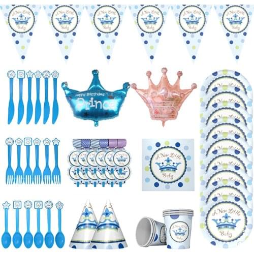New Blue Prince Crown Theme Birthday Party Disposable Tableware Paper Banner Napkin Tablecloth Baby Shower Decorations Supplies