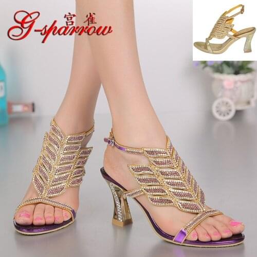 G-SPARROW 2020 Spring And Summer New Womens Diamond Open Toed High Heel Sandals Gold Wedding Shoes Stilettos