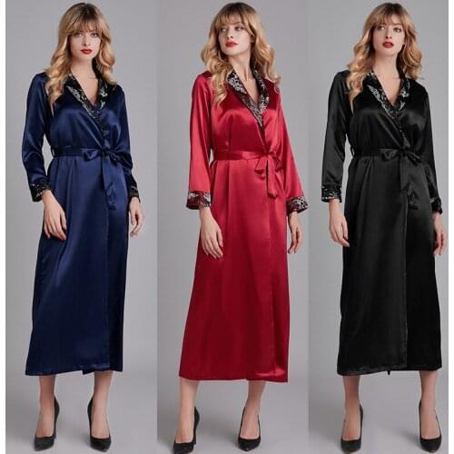 Sleepwear Women Spring Summer Silk Long-Sleeve Robe Ladies Long Style Dressing Gown Bud Silk Bathrobe Home Wear Пижама