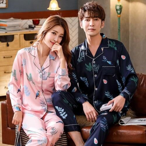 Pajamas Womens Spring Autumn Ice Silk Long Sleeve Nightwear 2Pcs Suit Korean Couple Pajamas Sets Home Wear Sleepwear Sleep Tops
