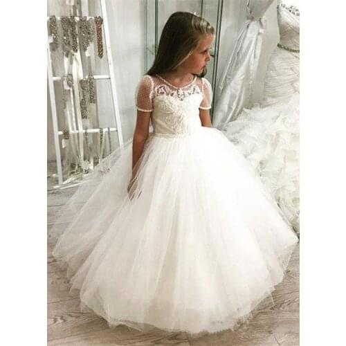 Short Sleeves Flower Girl Dresses For Weddings Ball Gown Tulle Appliques Long First Communion Dresses For Little Girls
