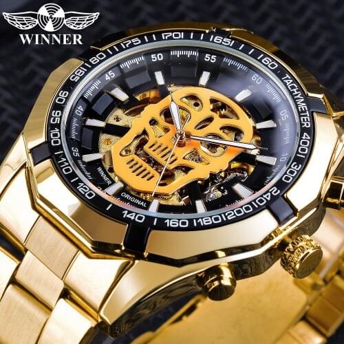 Winner Steampunk Men 3D Luminous Skull Design Golden Steel Mens Waterproof Automatic Skeleton Wrist Watch Top Brand Luxury Clock