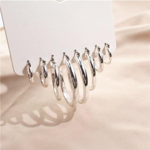 Wholesale Price 4PRS/SET Smooth Silver Color Small Big Hoops Mixed Circle Loop Earring for Women Female Daily Party Hoop Earring