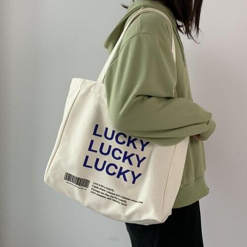 Youda Women Canvas Shopping Bag LUCKY Letters Print Female Cotton Cloth Shoulder Eco Handbag Tote Reusable Grocery Shopper Bags