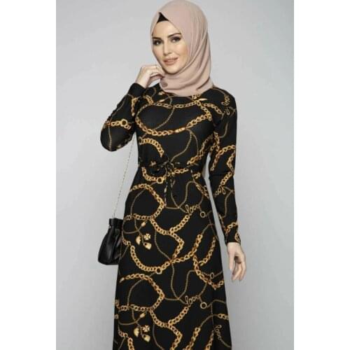 Womens Clothing Chain Pattern Belted Veiling Dress Turkey Muslim Fashion Hijab Islam Clothing dubai 2021