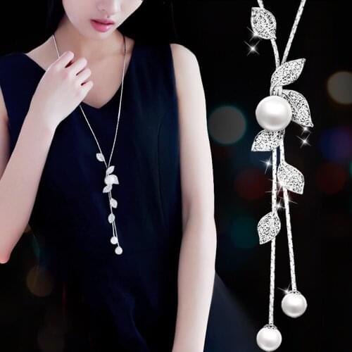 Hot Necklace for Women Long Chain Pendant Necklace Pearl Crystal Leaves Flowers Multilayer Pendant Sweater Necklace Wholesale
