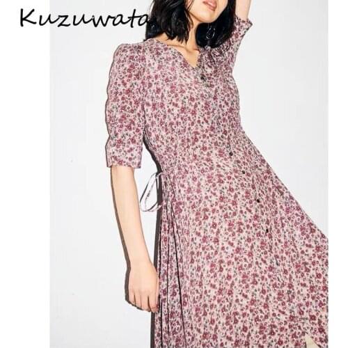 Dresses Temperament Japanese V Neck Print Button Slim Waist Drawstring Mid Calf Dresses 2021 Summer New Women Robe