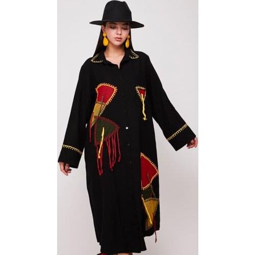 Women Mesh Detailed Cotton Fabric Black Color Long Shirt Dress Bohemian Style Clothing 2021 New Fashion
