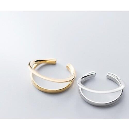 1PC REAL.925 Sterling Silver fINE White/Gold Double Rows /layered Ring Open adjust GTLJ1673