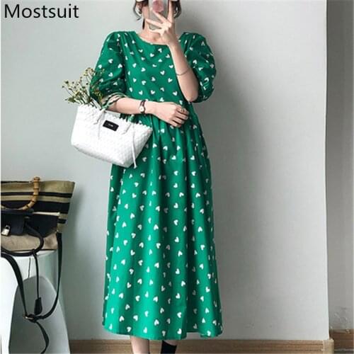2021 Summer Hearts Printed Women Long Dress Short Sleeve O-neck A-line Midi Dresses Korean Elegant Vintage Loose Vestidos Femme