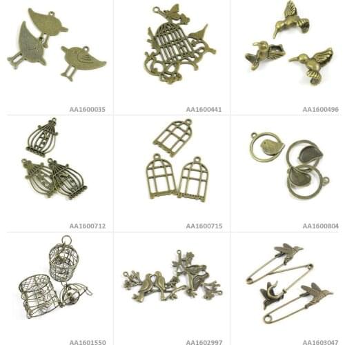 Antique Bronze Tone Jewelry Making Charms Hummingbird Safety Pins Brooch Love Birds Connector Birdcage Bird Cage Stand Bracelet
