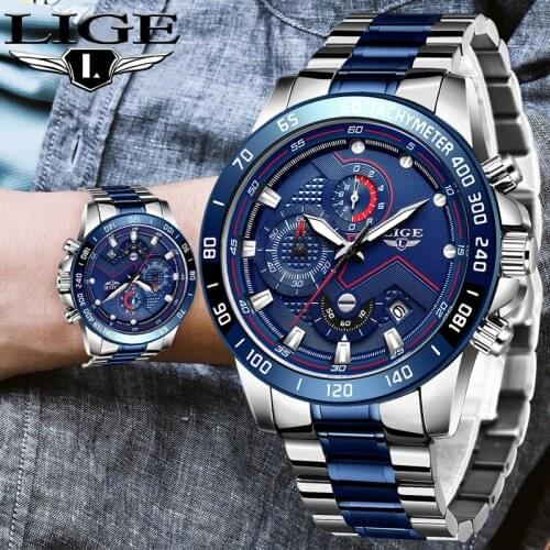LIGE Quartz Watch Men Top Brand Luxury Blue Waterproof Watches Mens Stainless Steel Sports Date Male Wristwatches Dropshipping