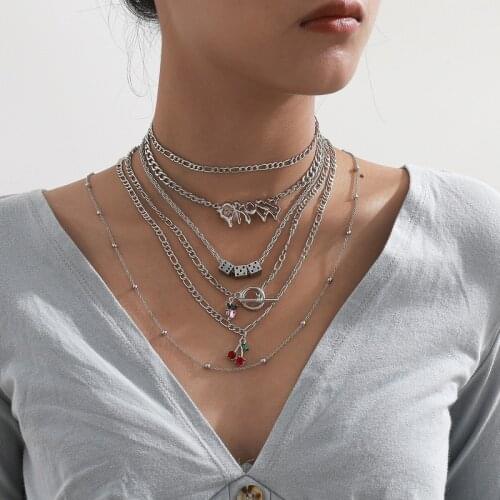 TIMEONLY Multi-layer Dice Cherry Pendant Necklace Hyperbole Letters Choker Necklaces for Women Silver Color Metal Jewellery