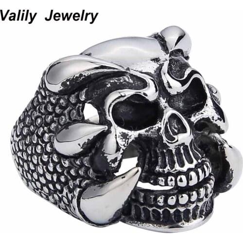 EdgLifU Mens Dragon Claw Skull Rings Vintage Gothic Skeleton Ring Stainless Steel Silver Black Punk Biker Ring Men
