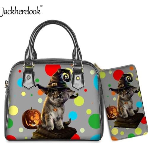 Jackherelook Halloween Cute Cat Print Womens PU Leather Handbag Female Shoulder Bag Card Holder Wallet Coin Purse Bolsos Mujer
