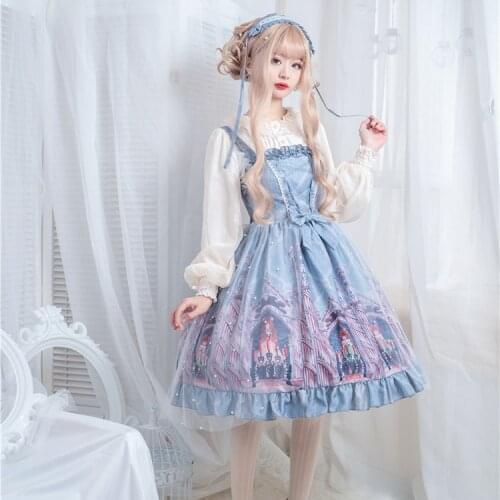 Imprison Sweet Womens Lolita JSK Dress Sleeveless Dress Net Yarn Cute Pearl Bows Trim Straps Dress One Piece Sky Blue