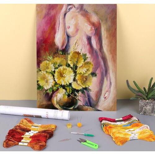 Morning Flowers Printed Water-Soluble Canvas 11CT Cross Stitch Complete Kit Embroidery DMC Threads Handiwork Stamped