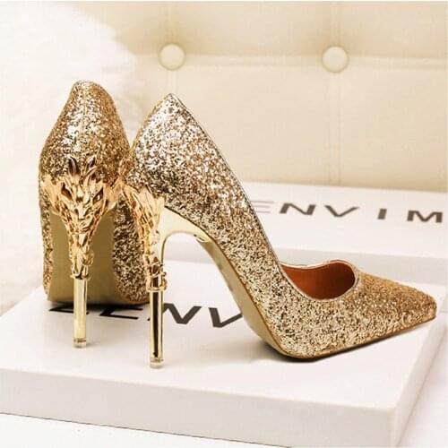 Sexy High Heels Women Shoes Rhinestone Party Wedding Bridal Shoes Ladies Metal Heels Stiletto Woman Pumps Gold Silver 10.5CM