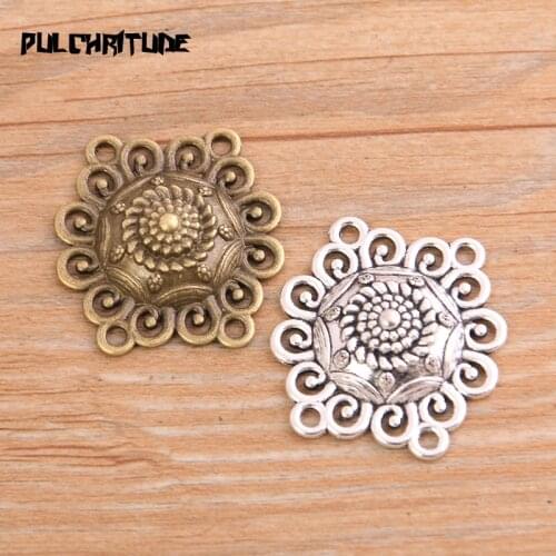 PULCHRITUDE 6pcs 27*29mm Retro Two Color Zinc Alloy Hollow Flower Pendants Connectors Linker For DIY Charm Jewelry Accessorie