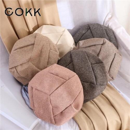 COKK Vintage Beret Cap Octagonal Hat Autumn Winter Hats For Women Pleated Solid Color Pumpkin Hat Female British Lady Plaid