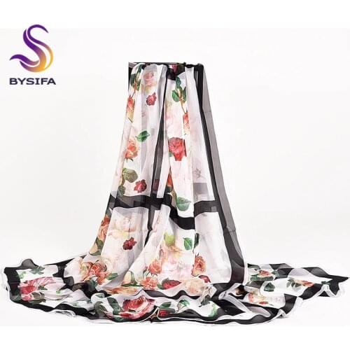 [BYSIFA] Women Luxury 100% Silk Scarf Shawl New Brand Long Scarves Elegant Roses Black White Ladies Scarves Foulard 180*110cm