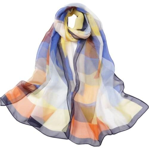 2020 Luxury Summer Crepe Scarf Women Silk Hijab Long Geometric Print Shawl Wraps Foulard Bandanas Pastal Neckerchief Soft Band