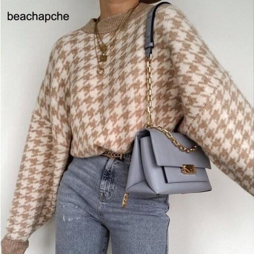 Beachapche 2020 Women Geometric Khaki Knitted Sweater Women Casual Houndstooth Ladies Pullover Sweater Female Autumn Winter