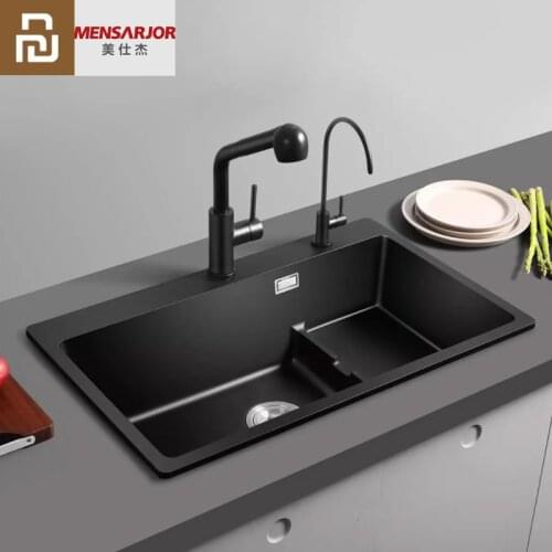Youpin MENSARJOR Quartz Black Single Kitchen Sink Above Counter Undermount Vegetable Washing Basin Sink Black With Draining Step
