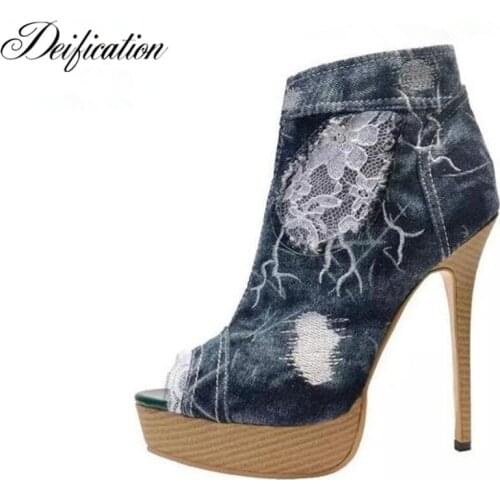 Deification New Blue Denim Sandals Peep Toe Martin Side Zipper Pumps High Platform Party Ladies Denim Shoes escarpins femme 2018