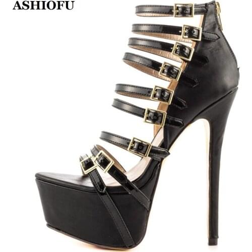 ASHIOFU Handmade Classic Ladies High Heel Platform Sandals Nine-buckles Sexy Party Summer Shoes Evening Club Fashion Sandals
