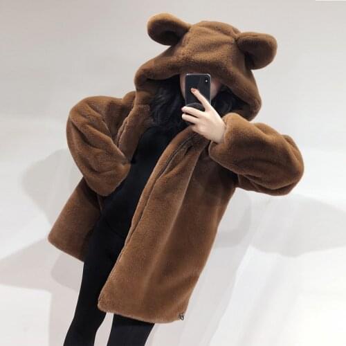 Women 2021 Winter New Fashion Long Cute Bear Ears Coats Female Warm Loose Hooded Plush Jackets Ladies Faux Fur Overcoats R334