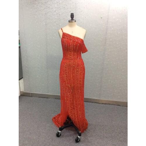 Elegant Beaded Red One Shoulder Prom Dresses Zipper Back Long Mermaid Robe De Soiree Floor Length Formal Party Gown